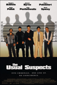 The Usual Suspects movie poster showing police lineup with shadowy mastermind figure The Usual Suspects (1995)