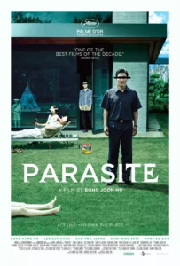 Parasite movie poster showing two families separated by social class with hidden elements Parasite movie poster showing a social thriller with class commentary
