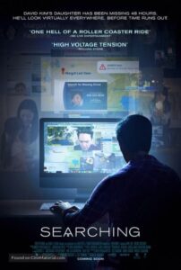 Searching movie poster showing father looking for daughter through computer screen interfaces Searching